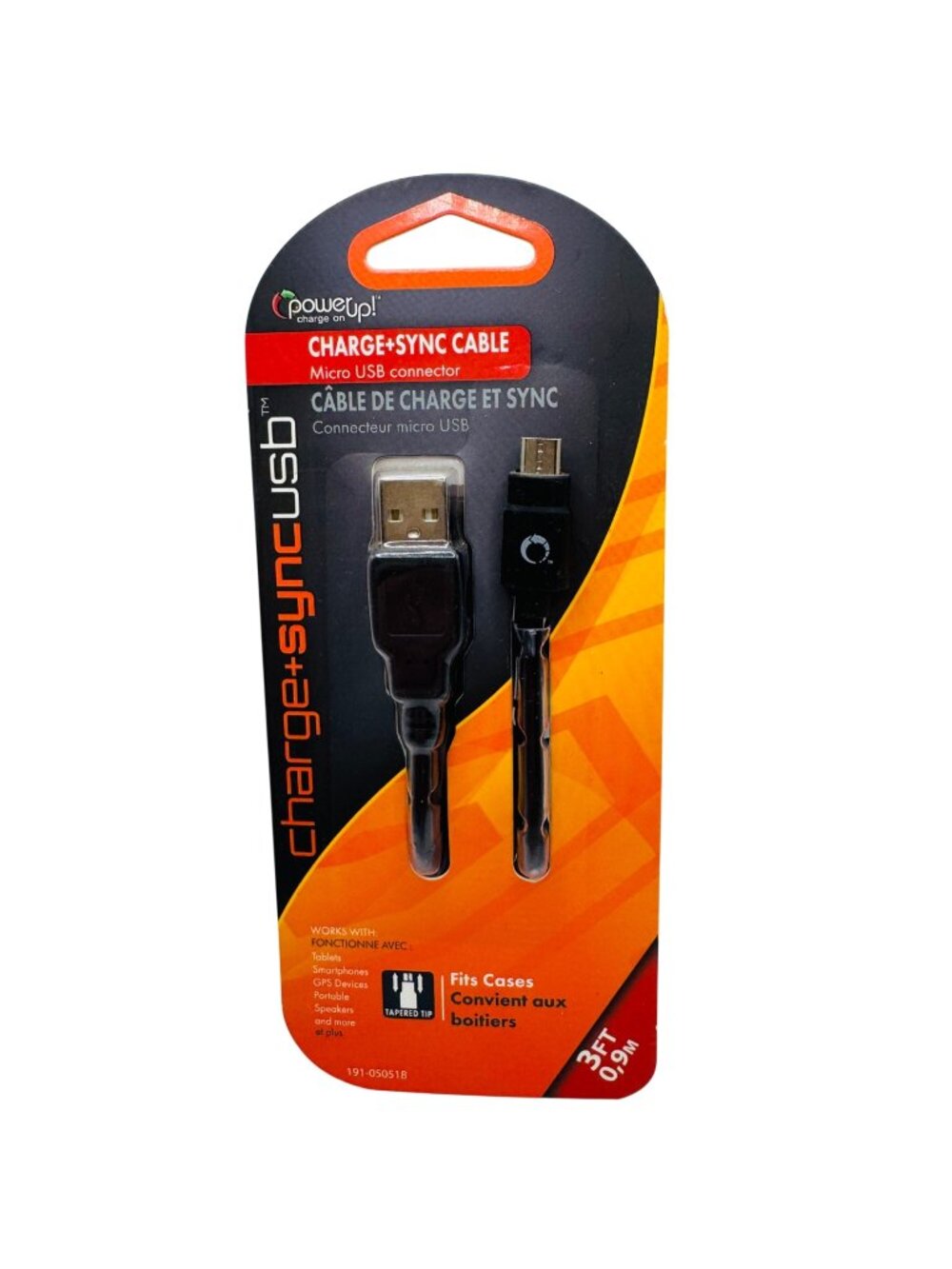 PowerUp! Charge+Sync Micro USB Cable 3ft USB 2.0 Tapered Tip Heavy Duty Strain R